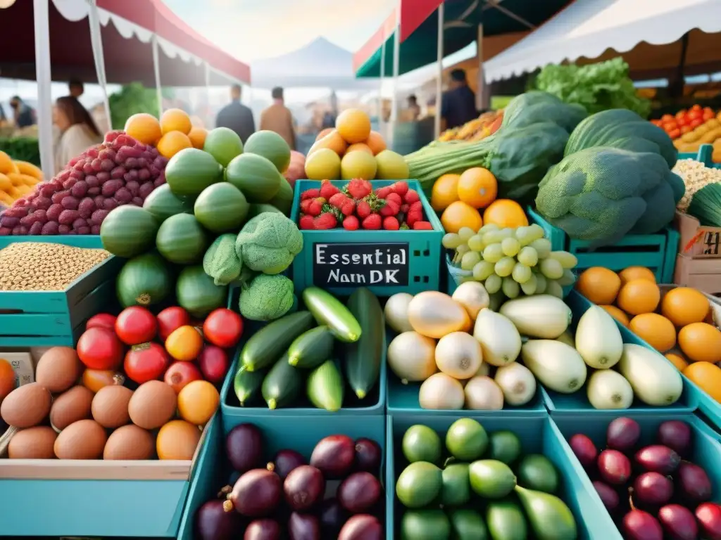 Un puesto de mercado rebosante de frutas y verduras coloridas, una representación visual de una dieta sin gluten saludable rica en vitaminas