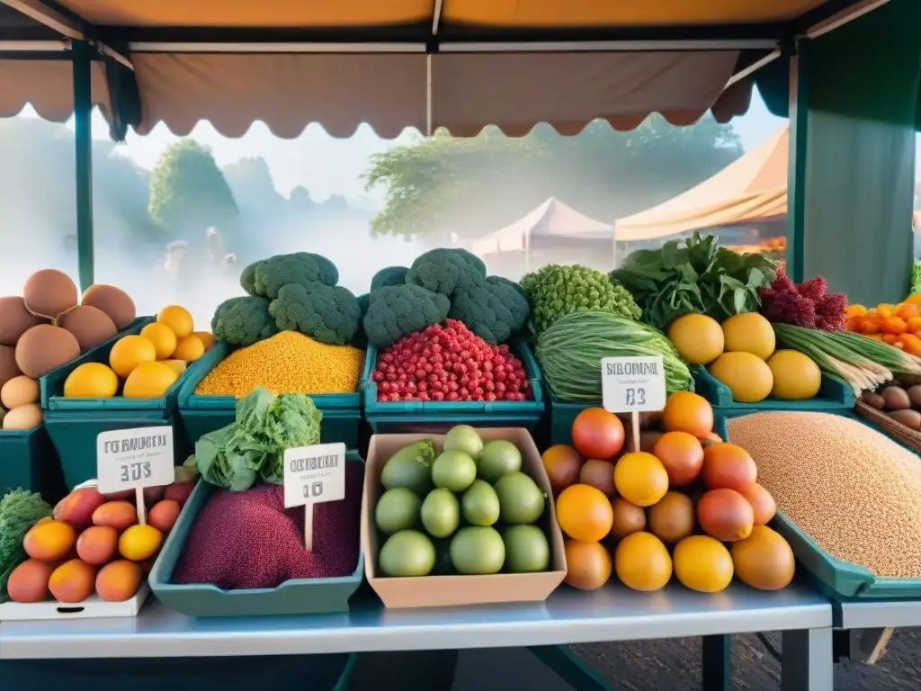 Un puesto de mercado rebosante de frutas y verduras orgánicas, con granos libres de gluten como quinoa, amaranto y arroz