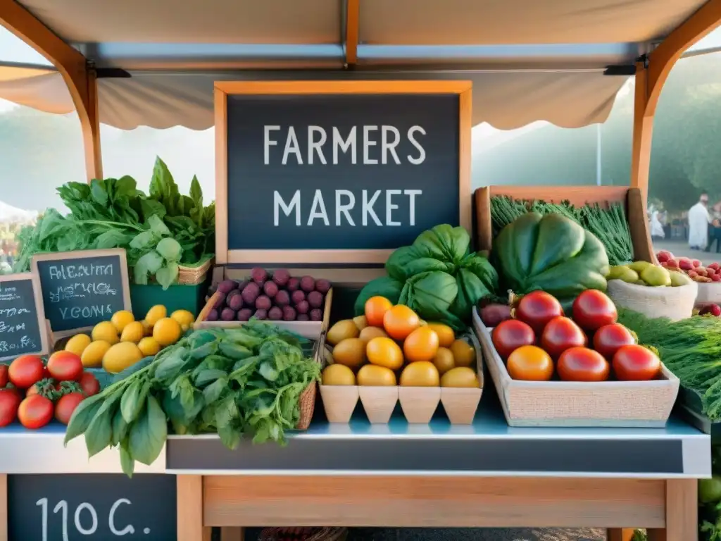 Un puesto de mercado rebosante de ingredientes veganos y sin gluten de temporada