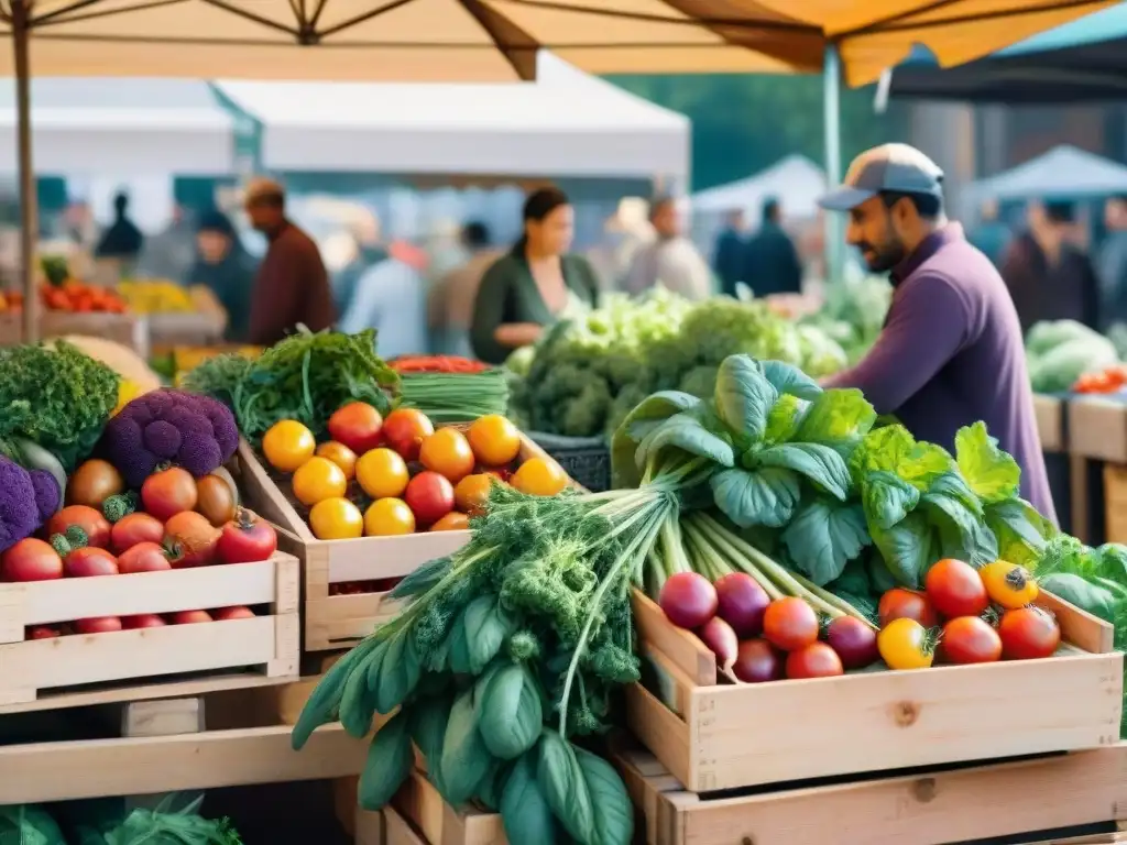 Un puesto de mercado rebosante de ingredientes orgánicos sin gluten gourmet: tomates, zanahorias y coliflor de colores, hierbas frescas