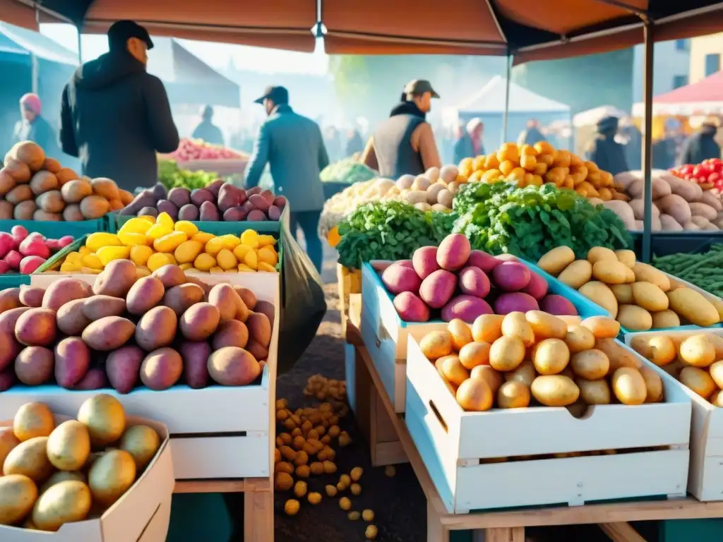 Un puesto de mercado rebosante de papas de diferentes formas y tamaños, bañado por la cálida luz del sol, evocando frescura en la cocina sin gluten con papa