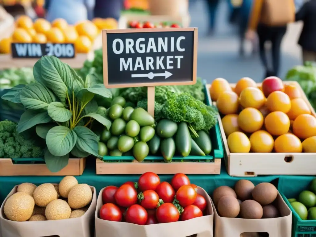 Un puesto de mercado rebosante de productos orgánicos sin gluten beneficios, bañado en luz dorada