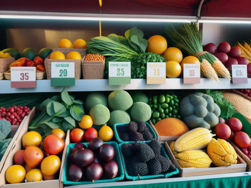 Un puesto de mercado rebosante de productos orgánicos sin gluten beneficios: frutas, verduras y hierbas frescas, iluminados por el sol