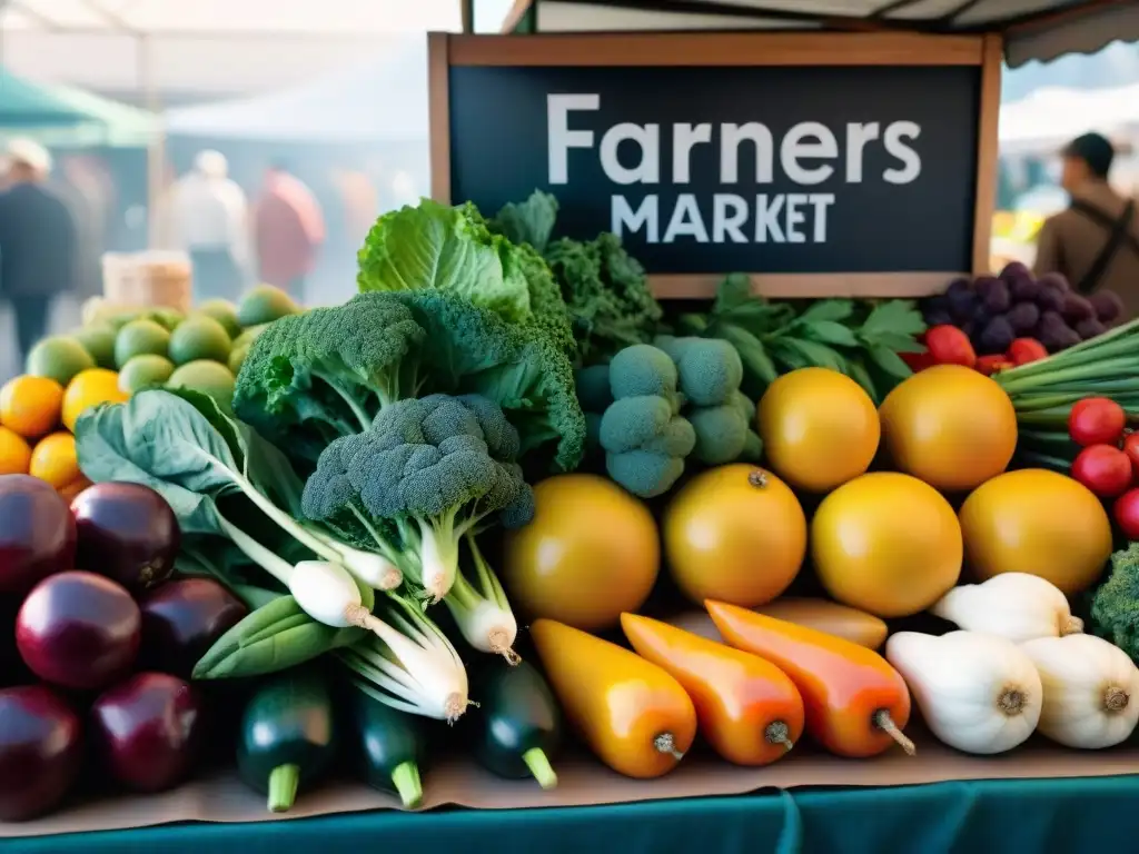 Un puesto de mercado rebosante de productos orgánicos sin gluten, frescos y coloridos, iluminados por el sol