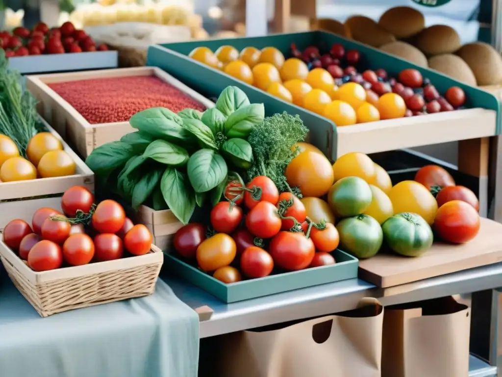 Un puesto de mercado rebosante de productos orgánicos y sin gluten