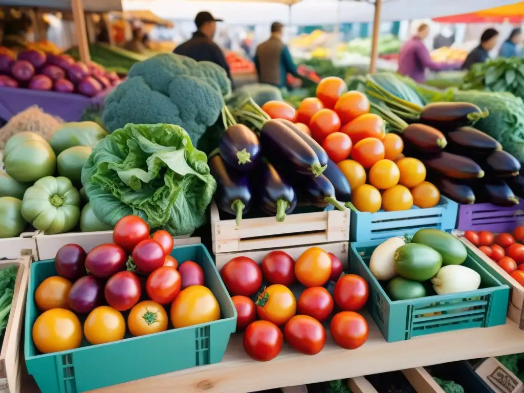 Un puesto de mercado rebosante de productos frescos y coloridos para recetas veganas sin gluten de temporada