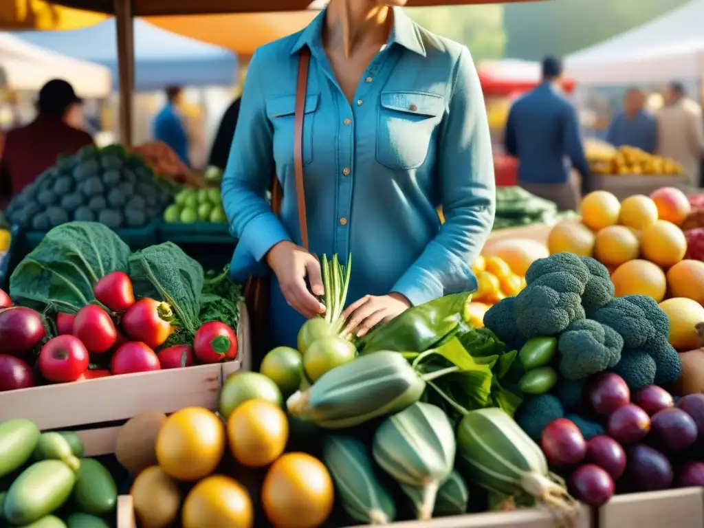 Un puesto de mercado rebosante de productos orgánicos coloridos, evocando salud y abundancia