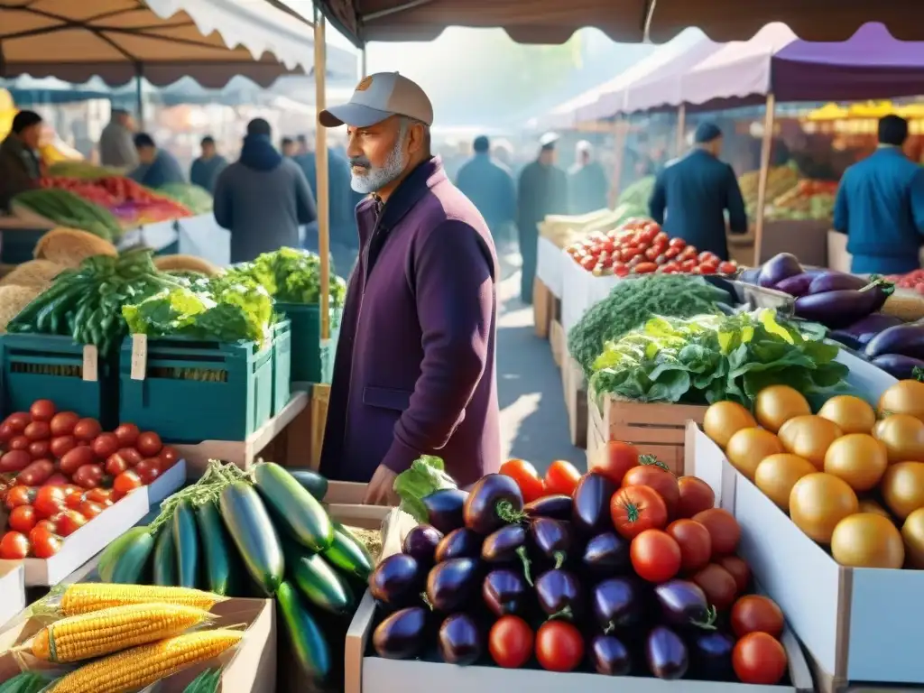 Un puesto de mercado rebosante de productos frescos y coloridos bajo el cálido sol