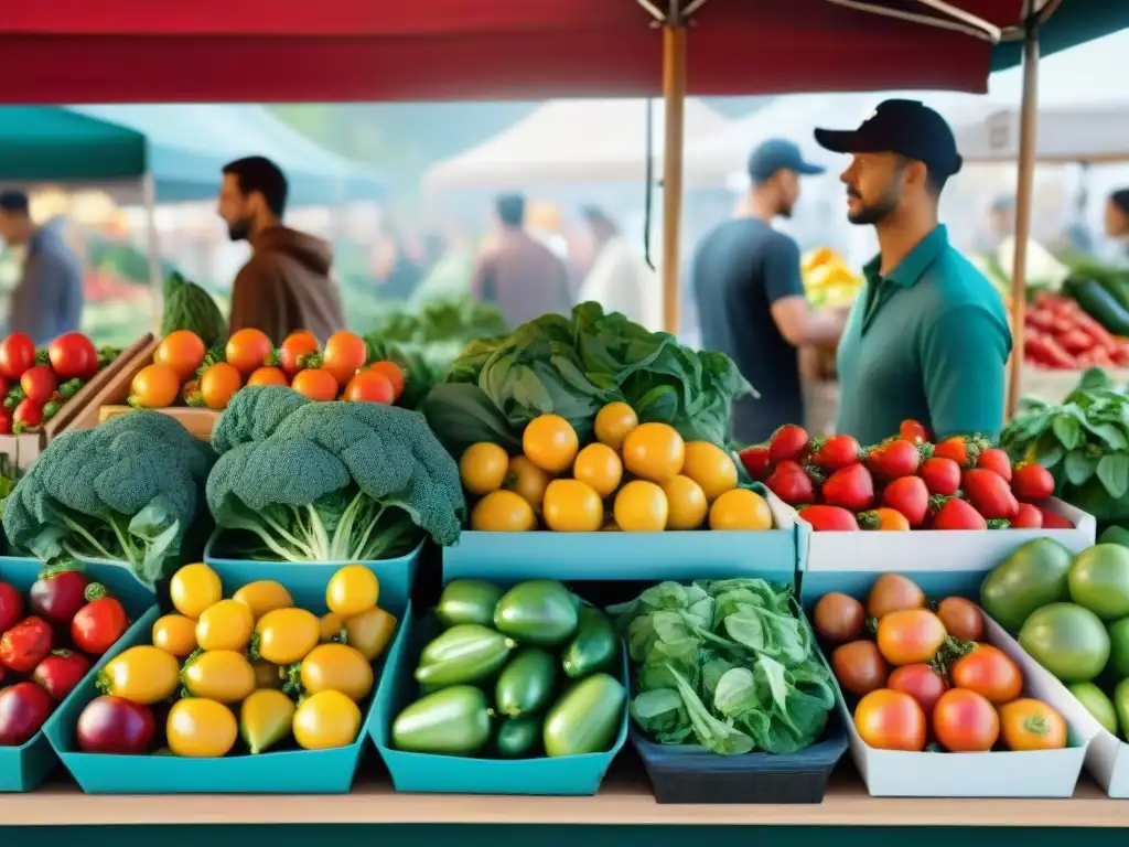 Un puesto de mercado rebosante de productos orgánicos sin gluten beneficios, resaltando la frescura y la abundancia de frutas y verduras coloridas