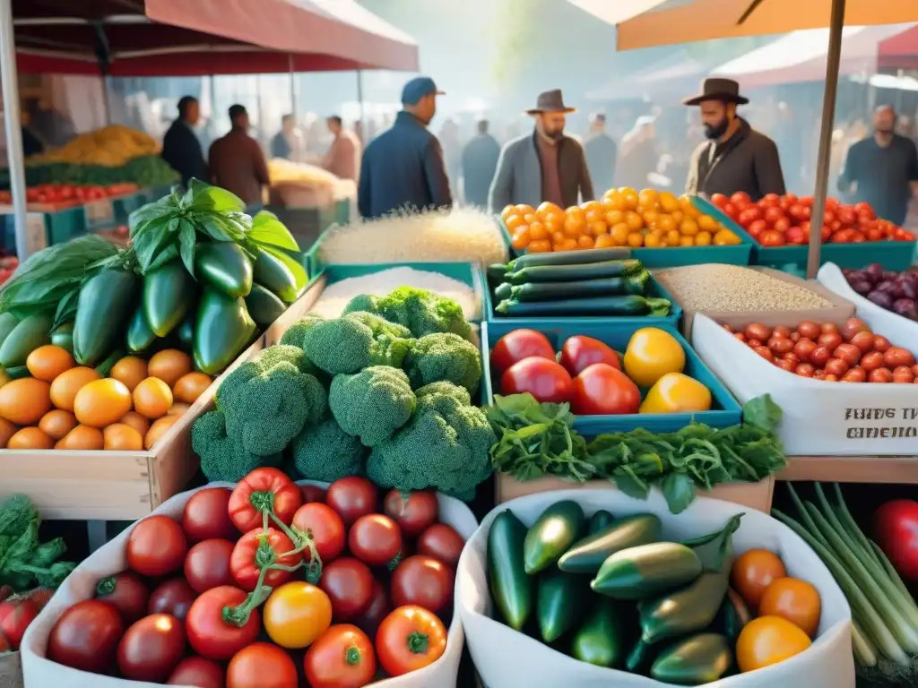 Un puesto de mercado rebosante de productos orgánicos sin gluten beneficios, bajo la cálida luz del sol