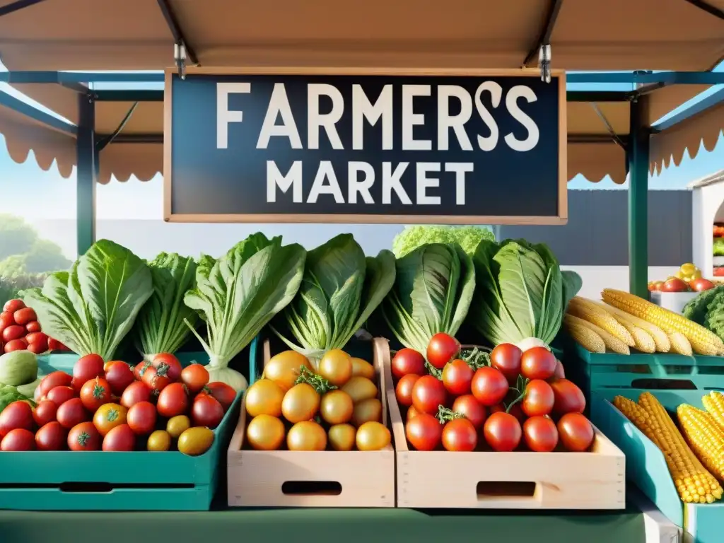 Un puesto de mercado rebosante de productos orgánicos sin gluten certificados en una cálida y colorida atmósfera de agricultura saludable