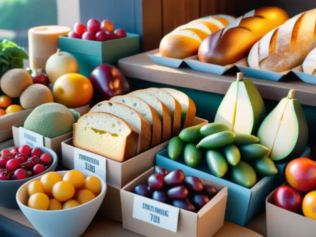 Un puesto de mercado repleto de alimentos orgánicos sin gluten marcas, bañado por la cálida luz del sol