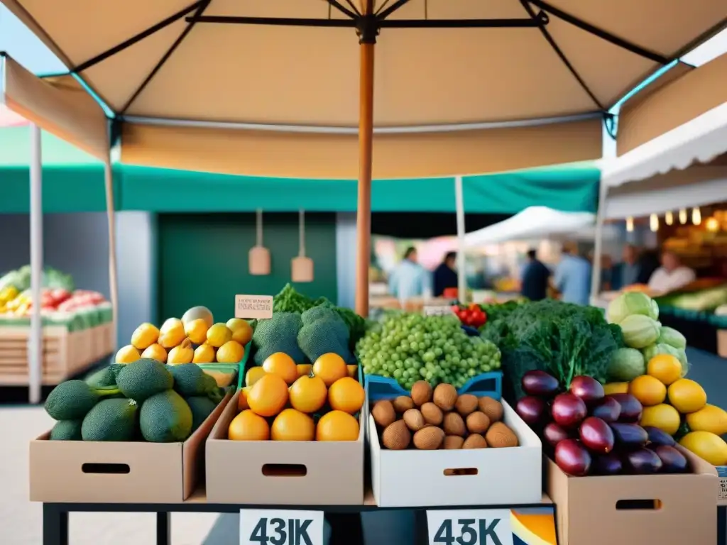 Un puesto de mercado vibrante y colorido con productos frescos y orgánicos sin gluten