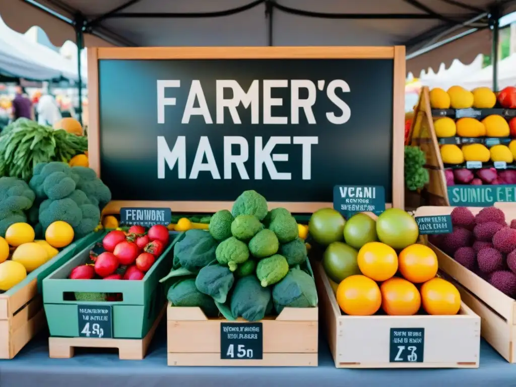 Un puesto de mercado vibrante y colorido muestra una gran variedad de frutas y verduras frescas y orgánicas, con opciones veganas y sin gluten