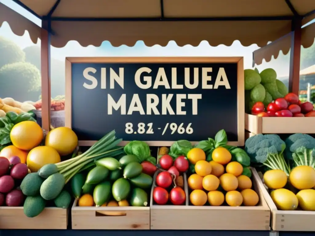 Un puesto de mercado vibrante con frutas y verduras orgánicas y coloridas, enfatizando los beneficios de la vida sin gluten y Paleo