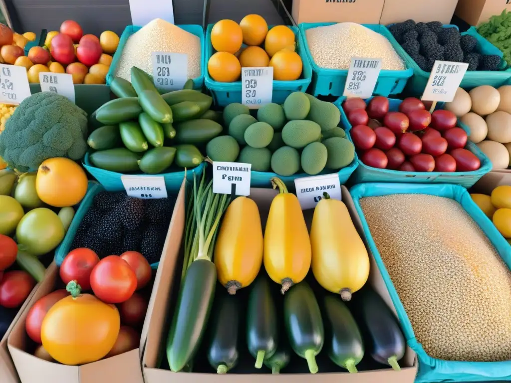 Un puesto de mercado vibrante con frutas, verduras y productos sin gluten, iluminado por el sol