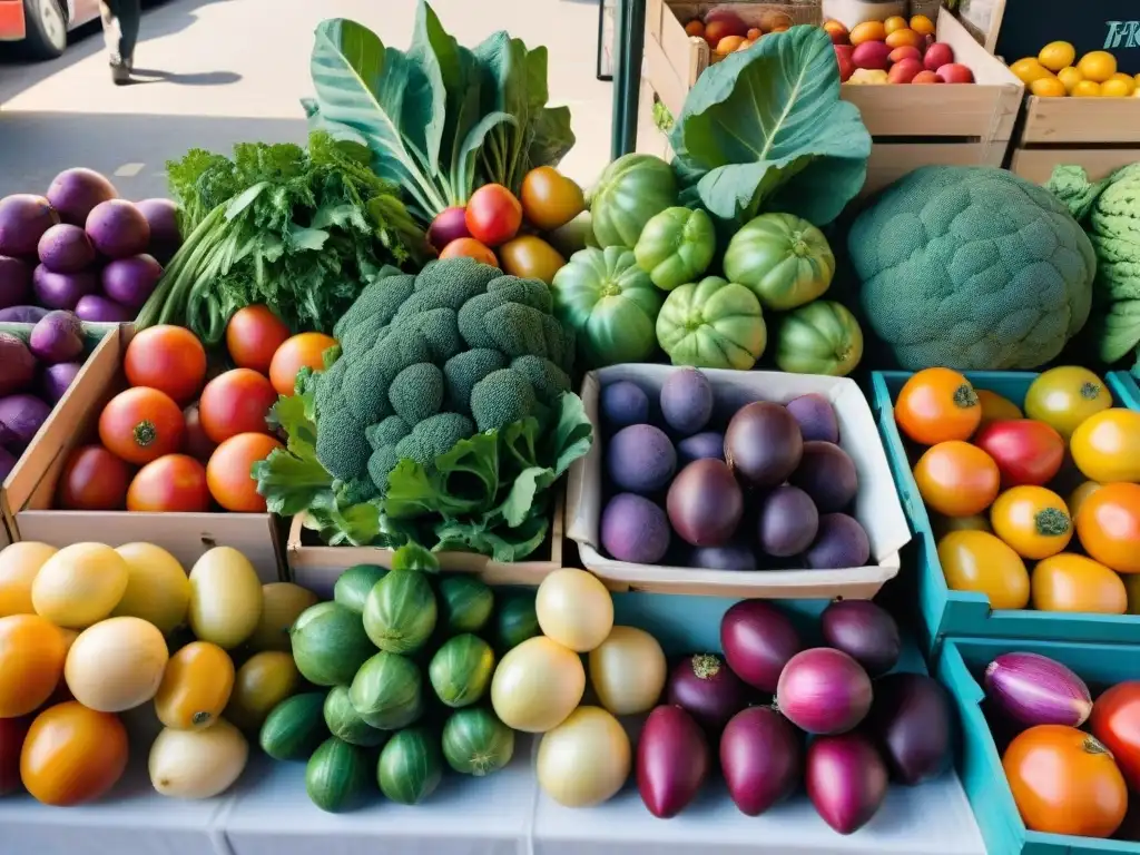 Un puesto de mercado vibrante con frutas y verduras coloridas