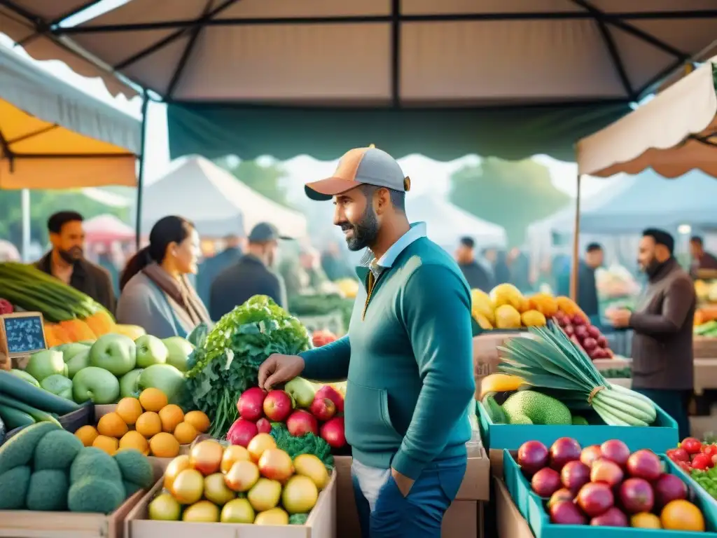 Un puesto de mercado vibrante con frutas y verduras coloridas