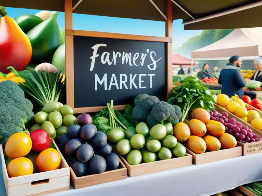 Un puesto de mercado vibrante con frutas y verduras orgánicas coloridas, letrero 'Opciones sin gluten' en caligrafía elegante