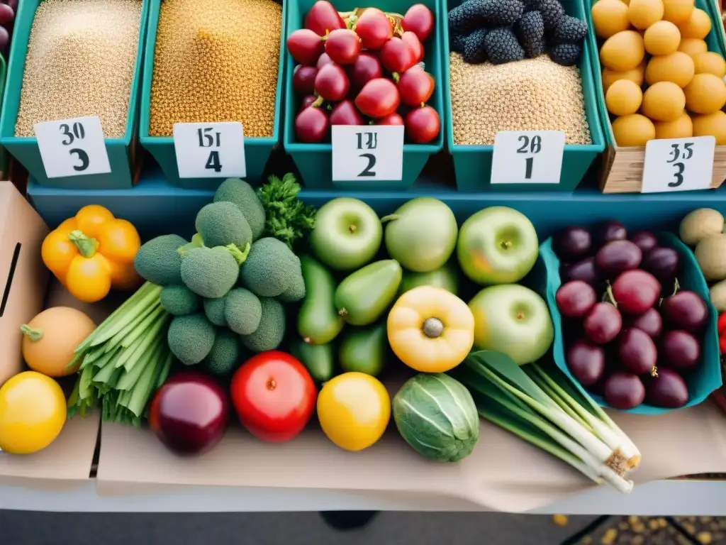 Un puesto de mercado vibrante con frutas, verduras y granos sin gluten, ideal para una Dieta FODMAP baja gluten accesible