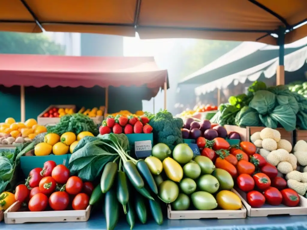 Un puesto de mercado vibrante con frutas y verduras frescas, ideal para una dieta sin gluten para celíacos