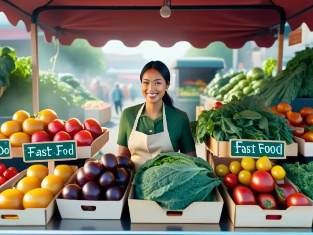 Un puesto de mercado vibrante con ingredientes sin gluten frescos y coloridos