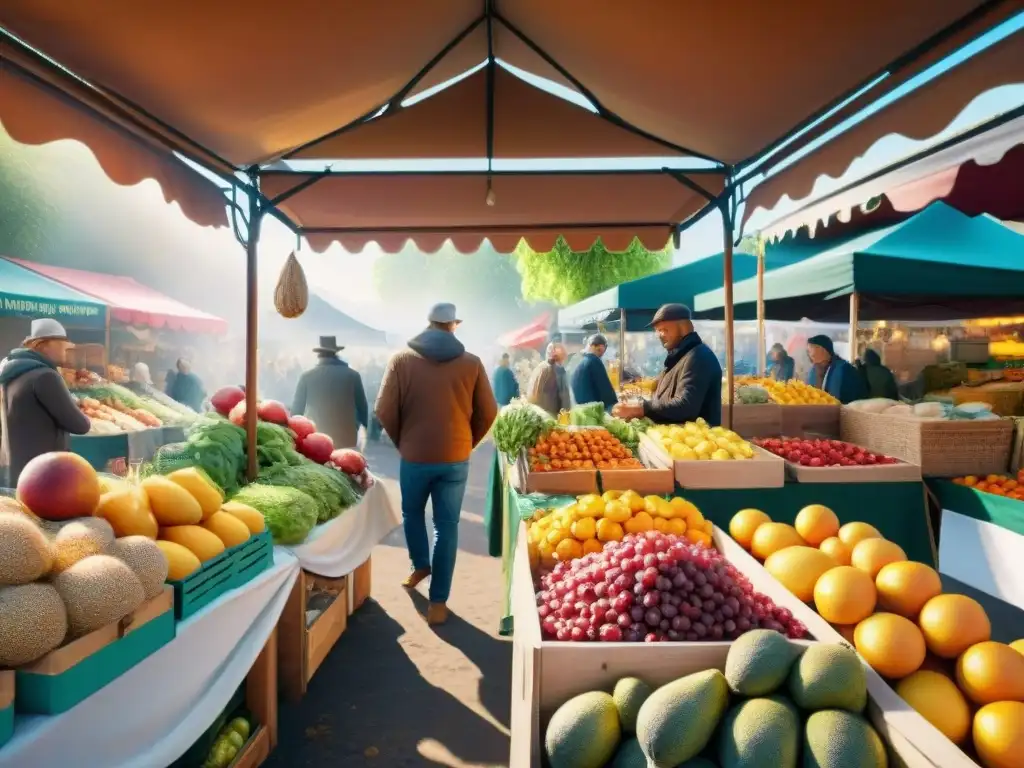 Un puesto de mercado vibrante con productos orgánicos sin gluten para inflamación, clientes felices y coloridos