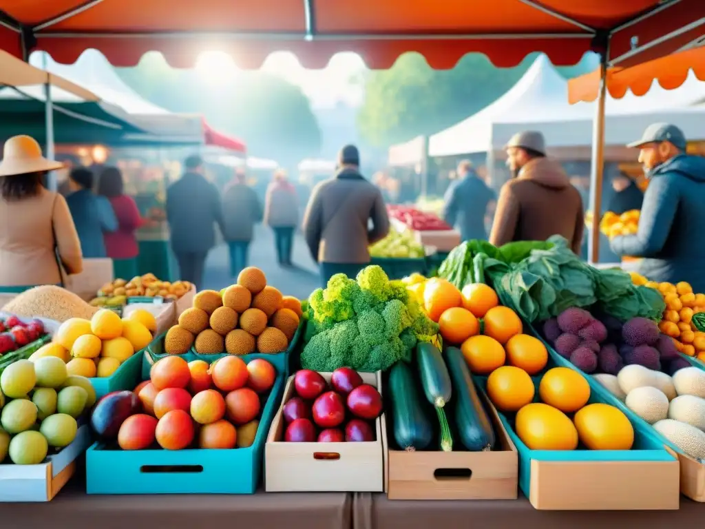 Un puesto de mercado vibrante rebosante de productos orgánicos sin gluten beneficios como frutas frescas, verduras, frutos secos y cereales