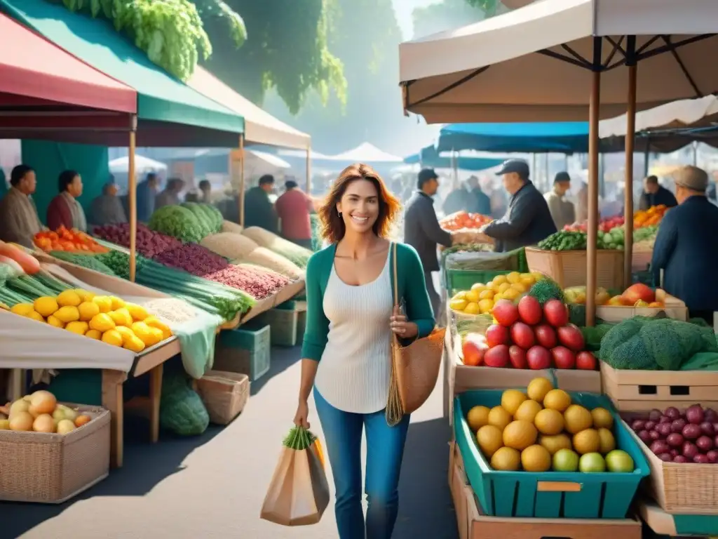Un puesto vibrante en el mercado de agricultores con alimentos sin gluten para celíacos