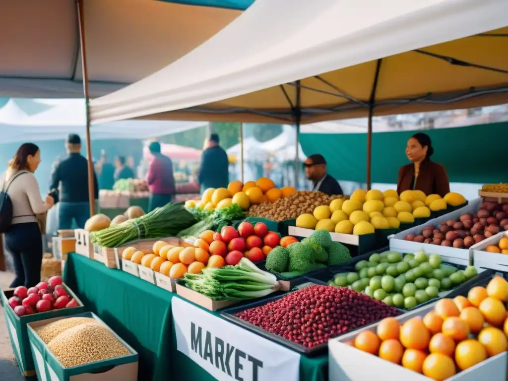 Un puesto vibrante en el mercado de agricultores con productos orgánicos sin gluten para inflamación, colores vivos y actividad bulliciosa