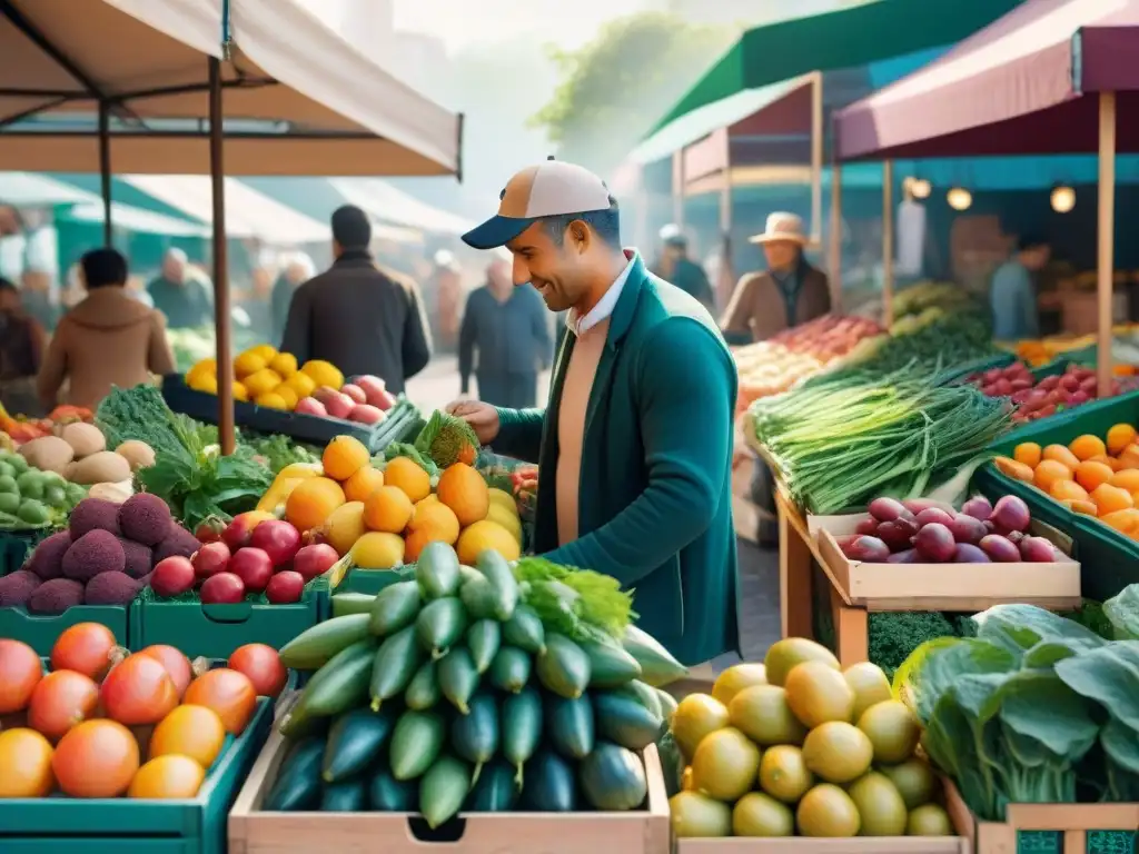 Un puesto vibrante de mercado con frutas y verduras orgánicas sin gluten, resaltando frescura y belleza natural