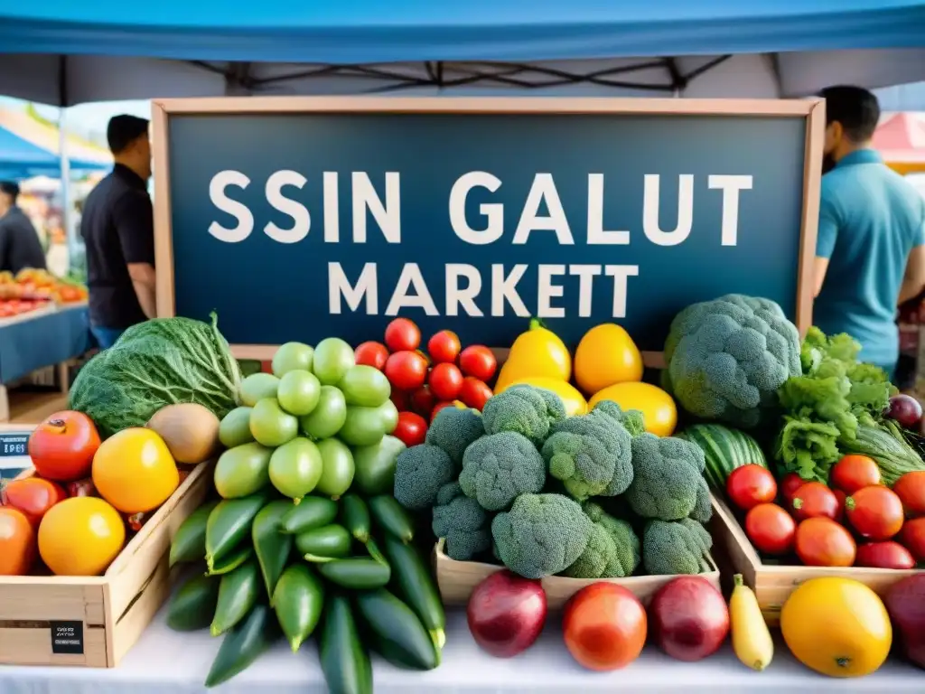 Un puesto vibrante en un mercado con productos sin gluten de calidad, frutas y verduras frescas y coloridas, bajo un cielo azul despejado