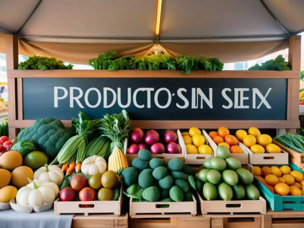 Un puesto vibrante de productos orgánicos sin gluten en el mercado, lleno de frutas y verduras coloridas, con clientes satisfechos