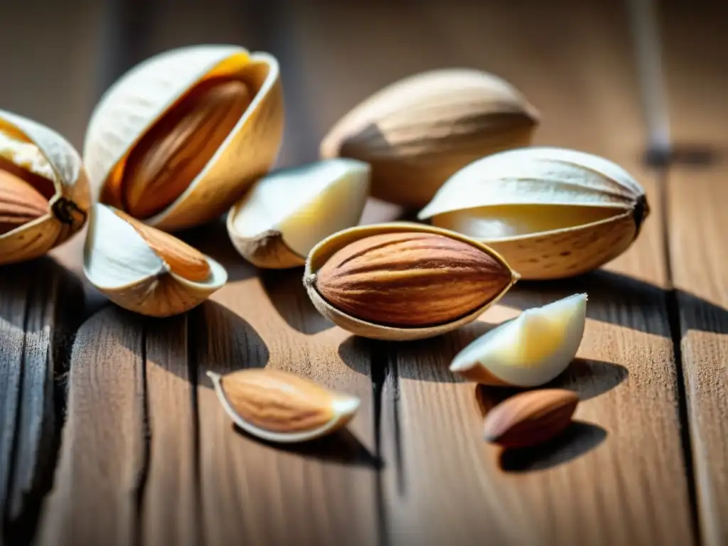 Un puñado de almendras enteras y cáscaras en una mesa rústica, bañadas por luz natural