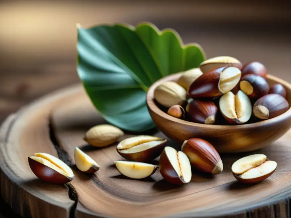 Un puñado de Nueces de Brasil sin gluten, bañadas en luz natural sobre una mesa rústica