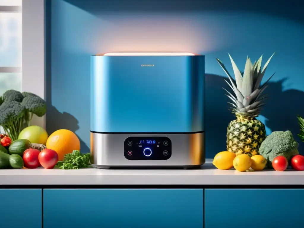 Un purificador de aire moderno en una cocina con frutas y verduras frescas, emitiendo luz azul