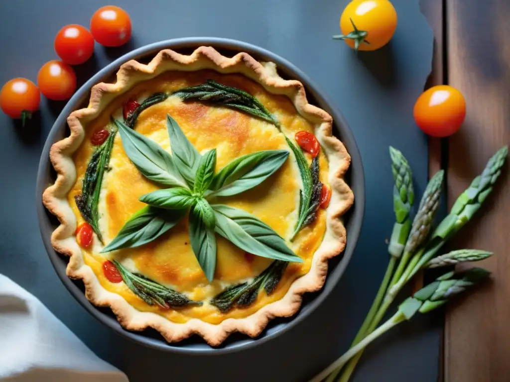 Un quiche sin gluten gourmet, con vegetales coloridos, queso de cabra cremoso y hierbas frescas, sobre una mesa rústica