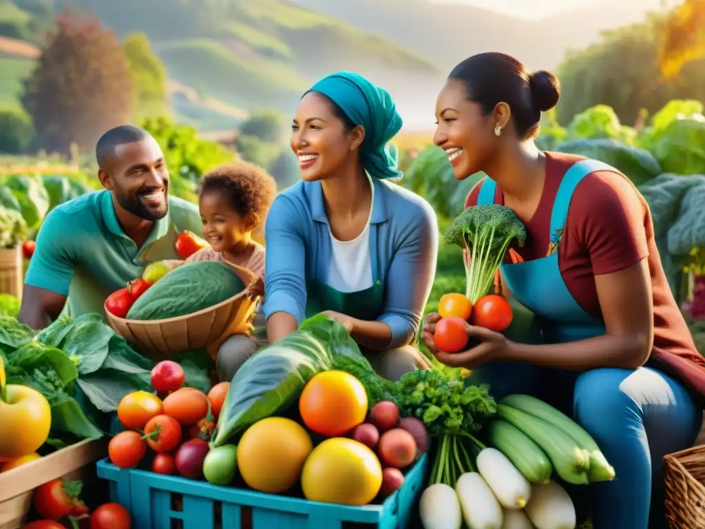 Un jardín radiante y diverso donde se cosechan con alegría frutas y verduras orgánicas sin gluten, transmitiendo comunidad y abundancia