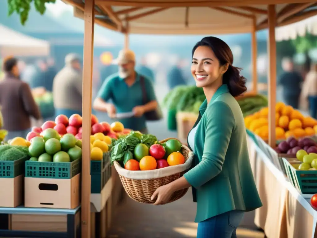 Fotografía realista de compras alegres en un mercado con estrategias sin gluten desperdicio alimentario