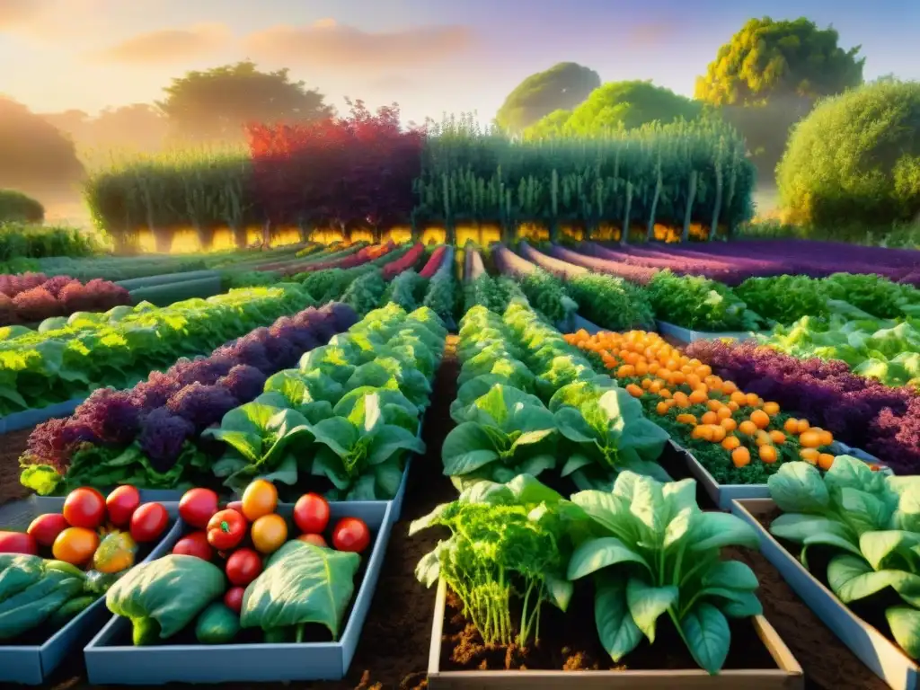 Un jardín sin gluten rebosante de verduras coloridas, personas felices cosechando al atardecer