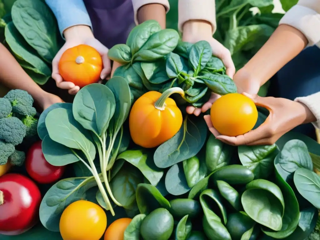 Un jardín rebosante de vida con un grupo diverso sonriendo, sosteniendo frutas y verduras ricas en zinc