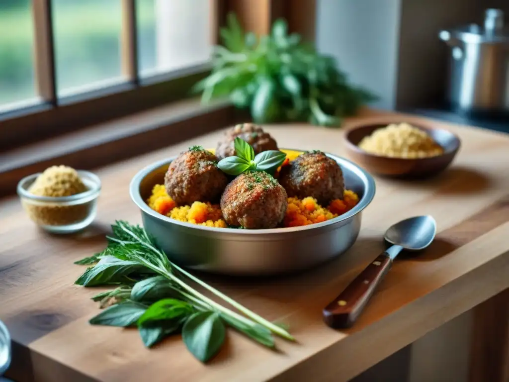 Receta albóndigas sin gluten: mesa rústica con ingredientes coloridos y caseros, bañados en luz natural