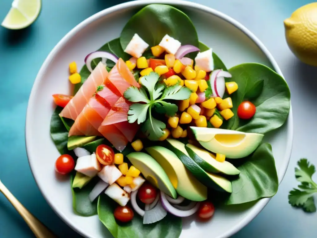 Receta ceviche sin gluten: vibrante bowl con pescado fresco, cítricos, aguacate y tomate, todo en una presentación apetitosa