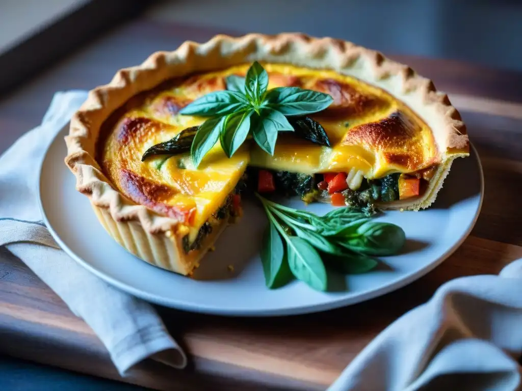 Receta gourmet: quiche sin gluten recién horneado con verduras y queso, sobre mesa rústica