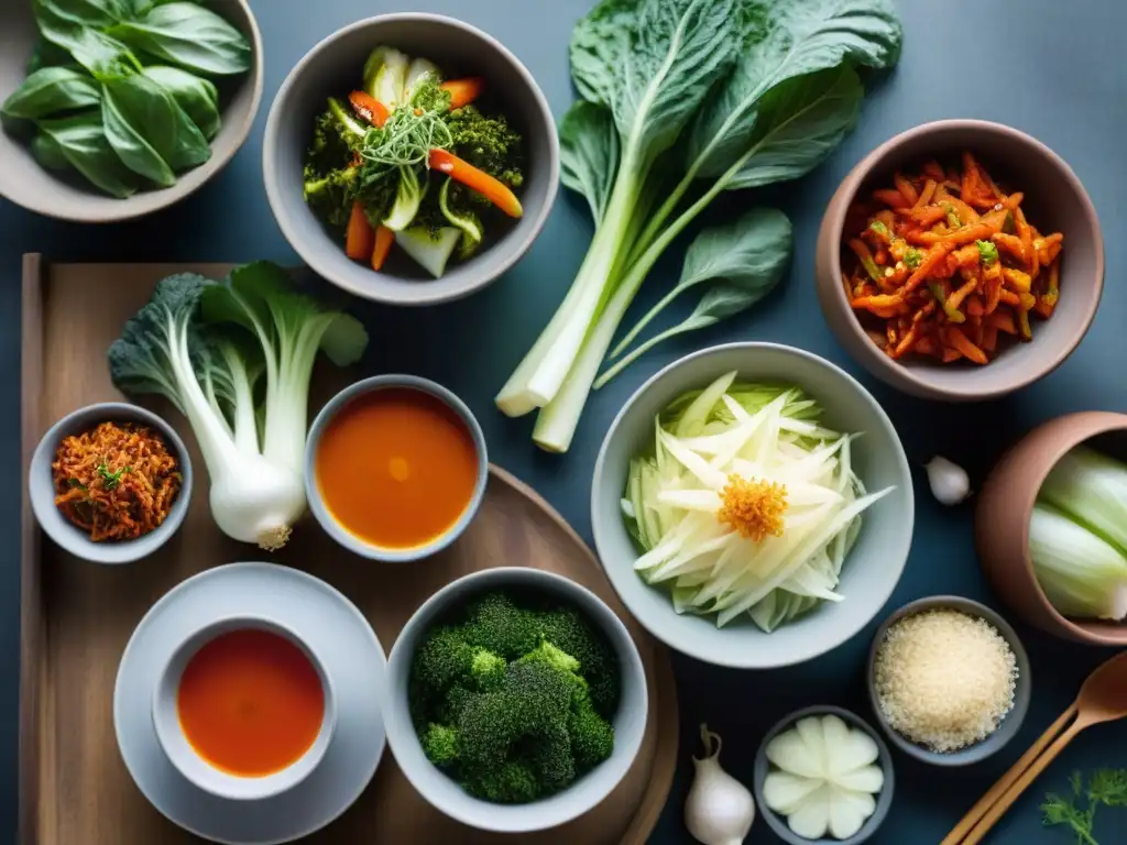 Receta kimchi sin gluten fácil: Coloridas variedades de kimchi en ollas coreanas sobre mesa rústica, iluminadas por luz natural