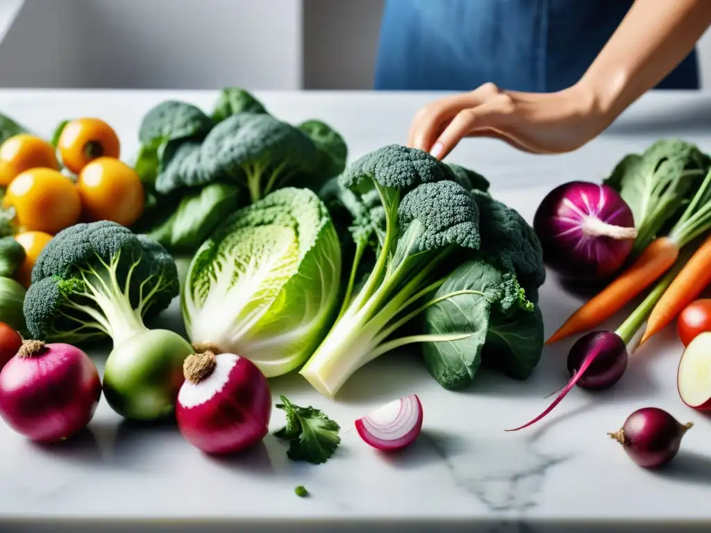 Prepara una receta kimchi sin gluten saludable con coloridas verduras frescas en un elegante mostrador de mármol