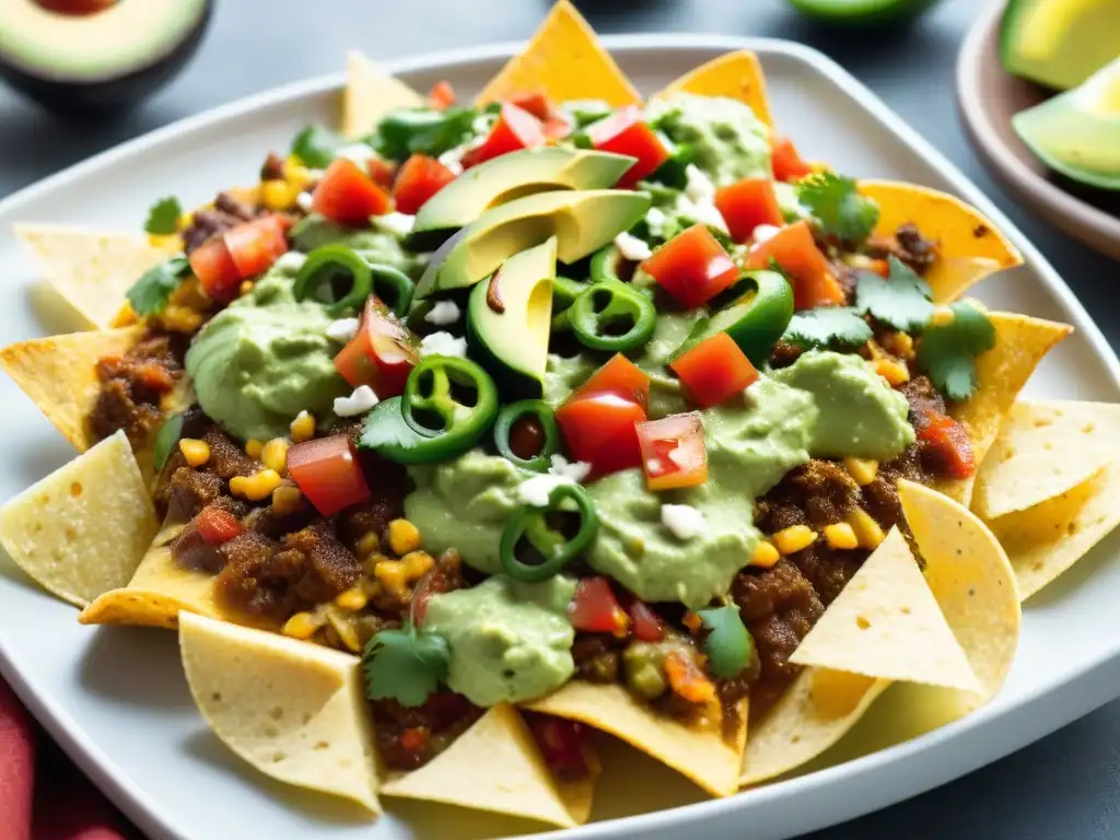 Receta de nachos sin gluten caseros: Bandeja de nachos dorados con queso derretido, salsa, guacamole y jalapeños