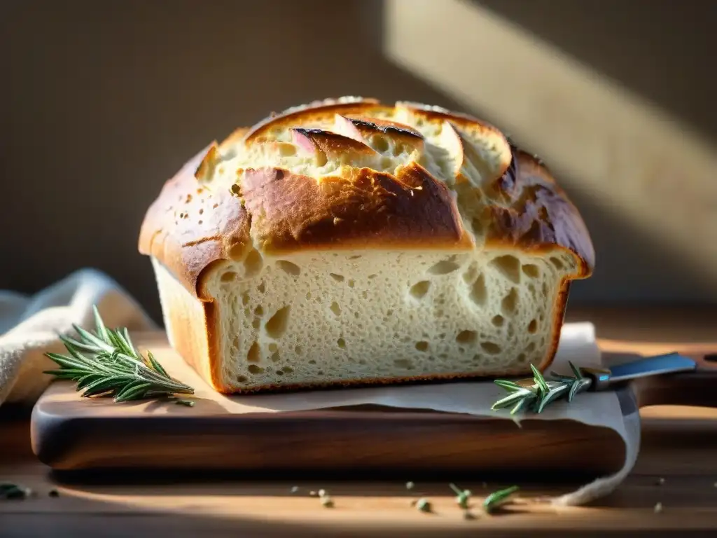 Una receta pan sin gluten perfecta: hogaza recién horneada, dorada y crujiente, sobre tabla de madera rústica con romero fresco