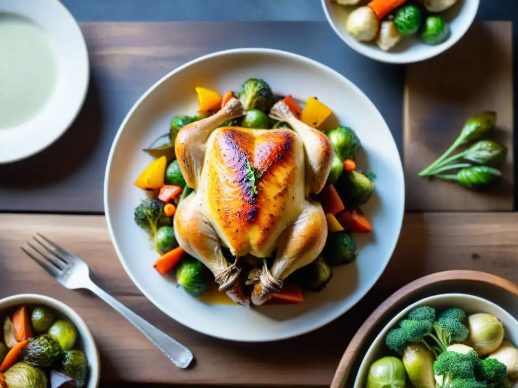 Pollo asado sin gluten con verduras, una delicia dorada y jugosa Receta de pollo al horno sin gluten: Su piel dorada y crujiente brilla bajo hierbas, rodeado de coloridas verduras asadas en mesa rústica