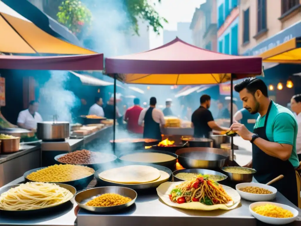 Recetas sin gluten comida callejera: Animado mercado callejero con chefs preparando platos sin gluten bajo coloridos toldos